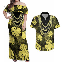Yellow Hawaii Kukui Nut Lei Couples Matching Off Shoulder Maxi Dress and Hawaiian Shirt Hawaiian Pattern Monstera Tropical Vibes LT14 Yellow - Polynesian Pride