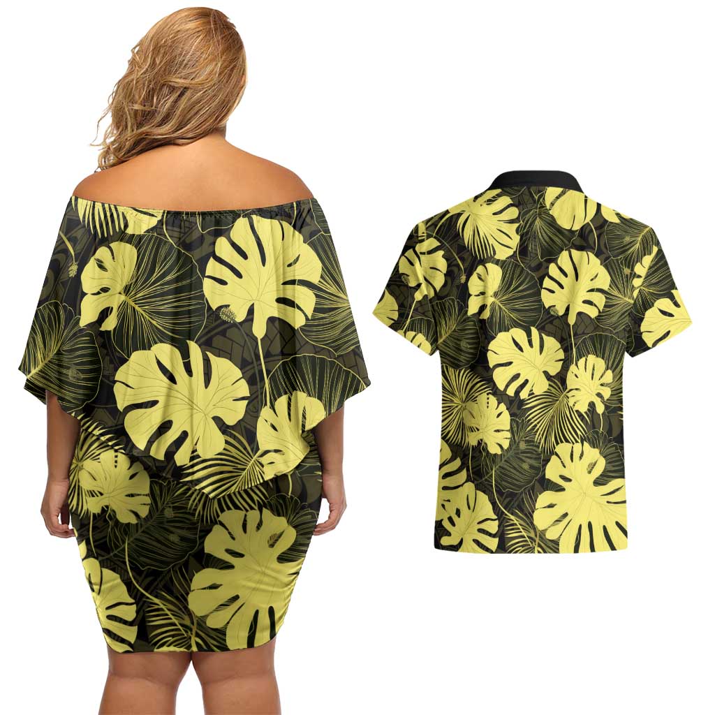Yellow Hawaii Kukui Nut Lei Couples Matching Off Shoulder Short Dress and Hawaiian Shirt Hawaiian Pattern Monstera Tropical Vibes LT14 - Polynesian Pride