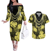 Yellow Hawaii Kukui Nut Lei Couples Matching Off The Shoulder Long Sleeve Dress and Hawaiian Shirt Hawaiian Pattern Monstera Tropical Vibes LT14 Yellow - Polynesian Pride