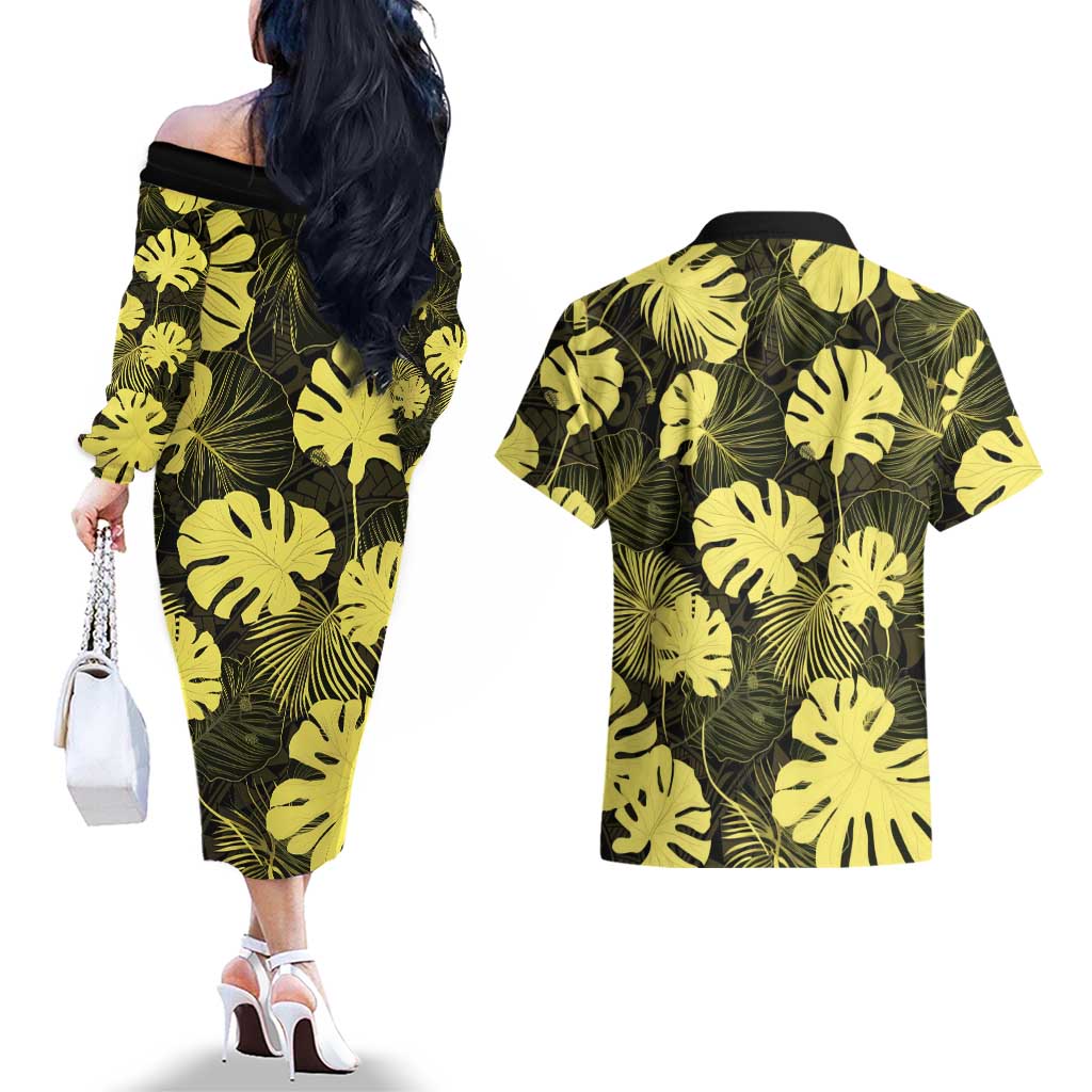 Yellow Hawaii Kukui Nut Lei Couples Matching Off The Shoulder Long Sleeve Dress and Hawaiian Shirt Hawaiian Pattern Monstera Tropical Vibes LT14 - Polynesian Pride