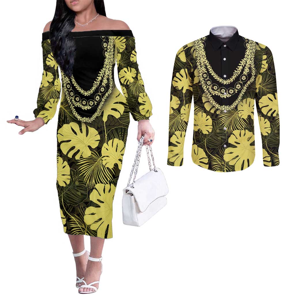 Yellow Hawaii Kukui Nut Lei Couples Matching Off The Shoulder Long Sleeve Dress and Long Sleeve Button Shirt Hawaiian Pattern Monstera Tropical Vibes LT14 Yellow - Polynesian Pride