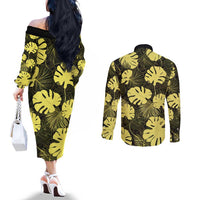 Yellow Hawaii Kukui Nut Lei Couples Matching Off The Shoulder Long Sleeve Dress and Long Sleeve Button Shirt Hawaiian Pattern Monstera Tropical Vibes LT14 - Polynesian Pride