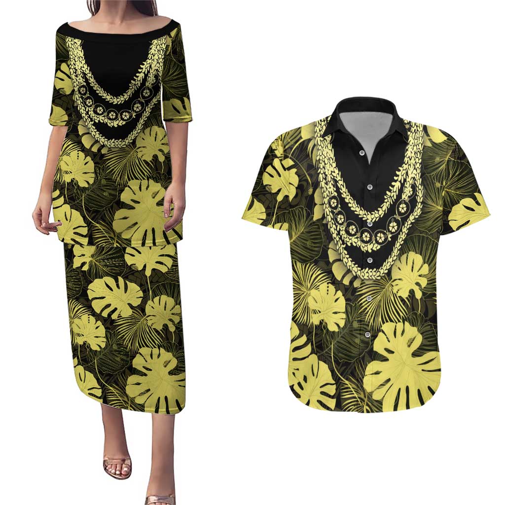 Yellow Hawaii Kukui Nut Lei Couples Matching Puletasi and Hawaiian Shirt Hawaiian Pattern Monstera Tropical Vibes - Polynesian Pride