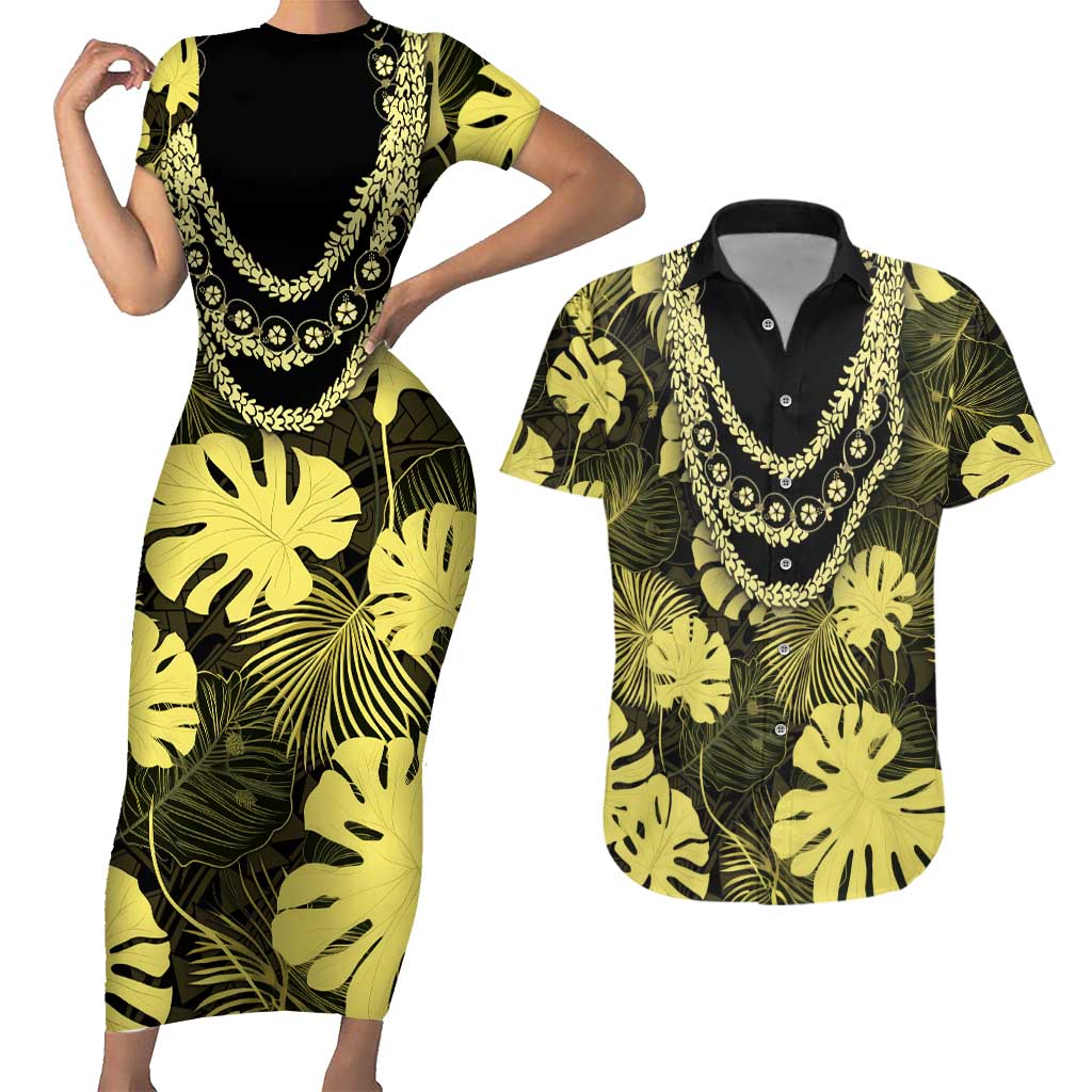 Yellow Hawaii Kukui Nut Lei Couples Matching Short Sleeve Bodycon Dress and Hawaiian Shirt Hawaiian Pattern Monstera Tropical Vibes LT14 Yellow - Polynesian Pride