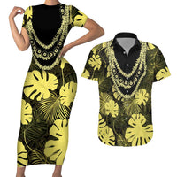 Yellow Hawaii Kukui Nut Lei Couples Matching Short Sleeve Bodycon Dress and Hawaiian Shirt Hawaiian Pattern Monstera Tropical Vibes LT14 Yellow - Polynesian Pride