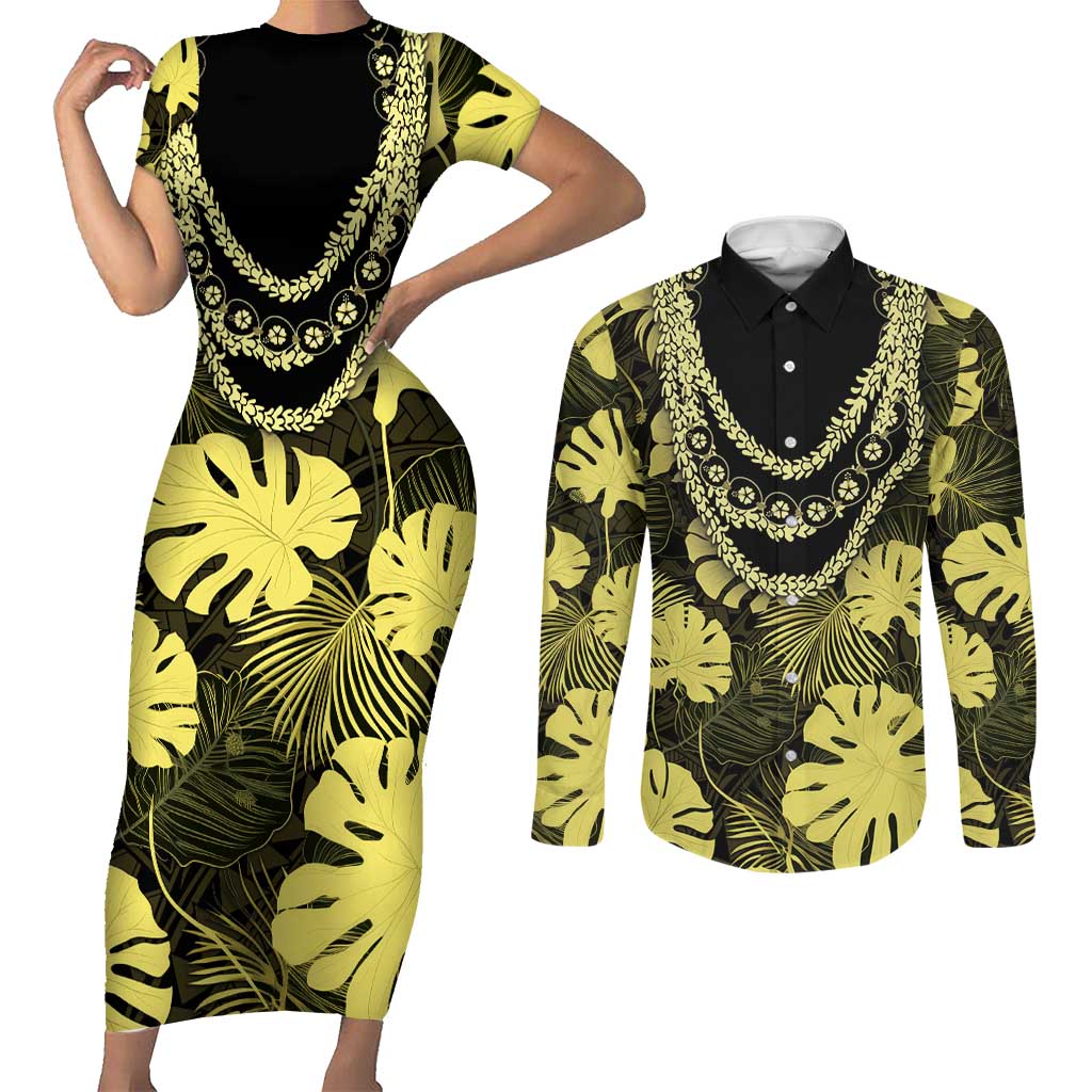 Yellow Hawaii Kukui Nut Lei Couples Matching Short Sleeve Bodycon Dress and Long Sleeve Button Shirt Hawaiian Pattern Monstera Tropical Vibes - Polynesian Pride