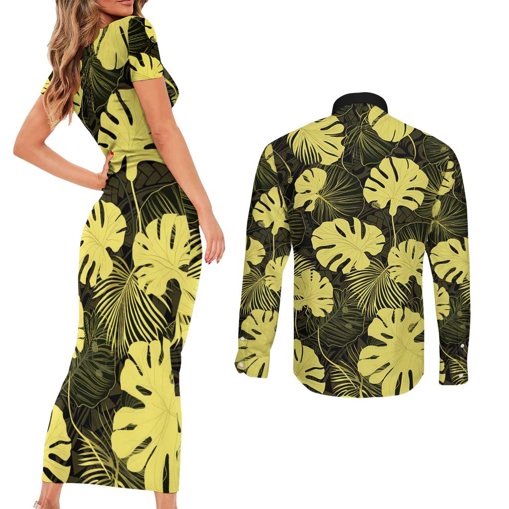 Yellow Hawaii Kukui Nut Lei Couples Matching Short Sleeve Bodycon Dress and Long Sleeve Button Shirt Hawaiian Pattern Monstera Tropical Vibes LT14 - Polynesian Pride