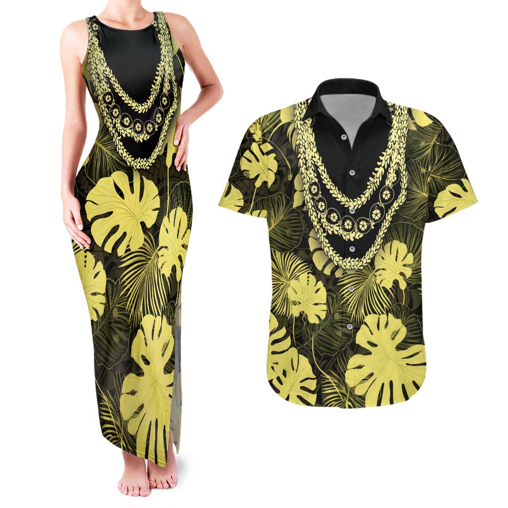 Yellow Hawaii Kukui Nut Lei Couples Matching Tank Maxi Dress and Hawaiian Shirt Hawaiian Pattern Monstera Tropical Vibes LT14 Yellow - Polynesian Pride