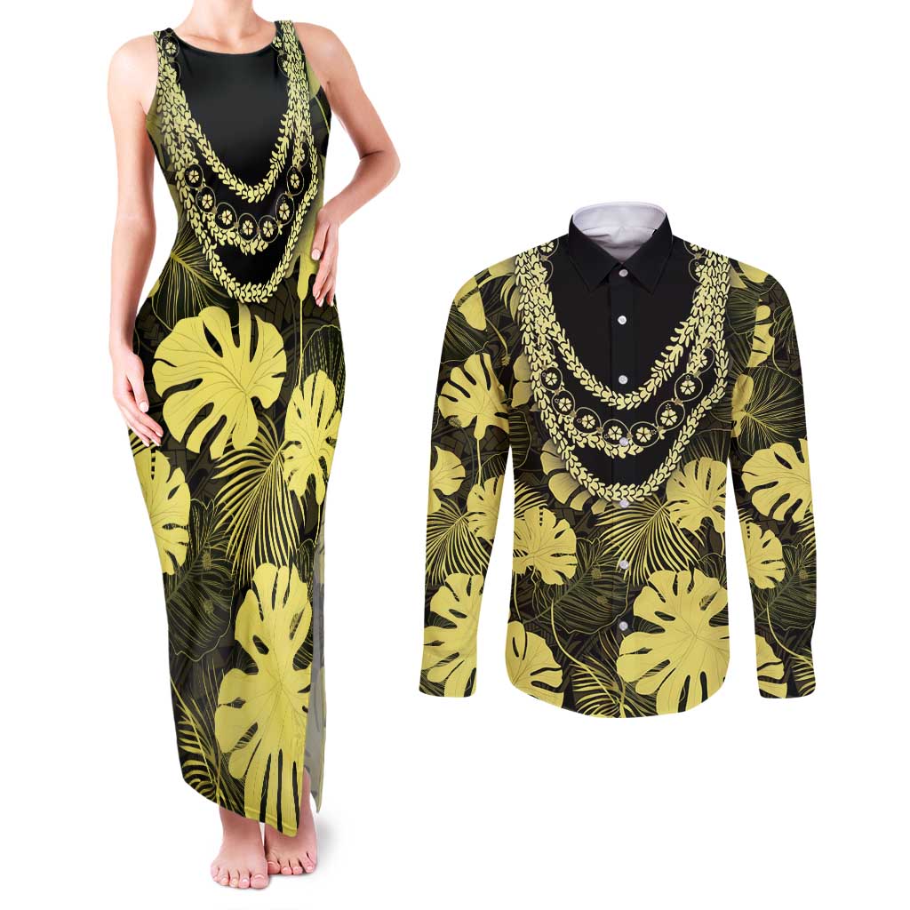 Yellow Hawaii Kukui Nut Lei Couples Matching Tank Maxi Dress and Long Sleeve Button Shirt Hawaiian Pattern Monstera Tropical Vibes LT14 Yellow - Polynesian Pride