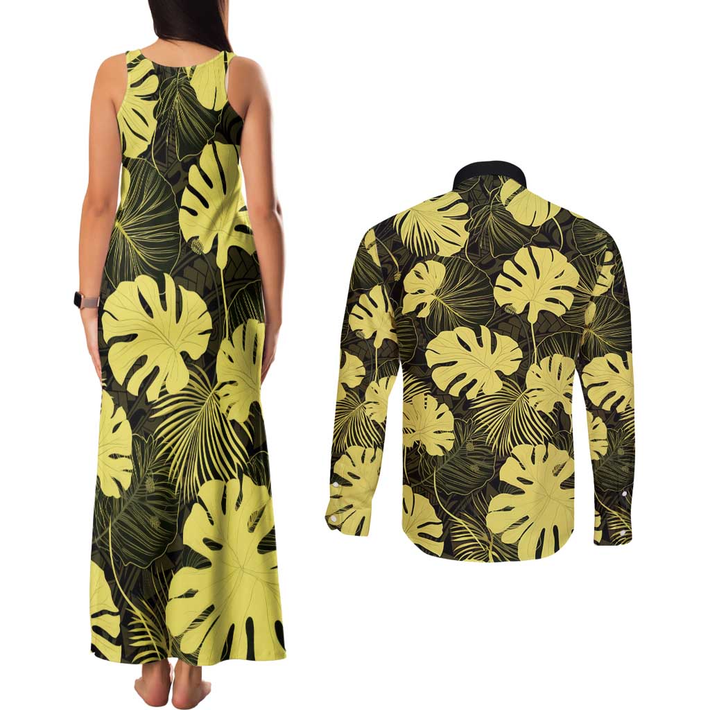 Yellow Hawaii Kukui Nut Lei Couples Matching Tank Maxi Dress and Long Sleeve Button Shirt Hawaiian Pattern Monstera Tropical Vibes LT14 - Polynesian Pride