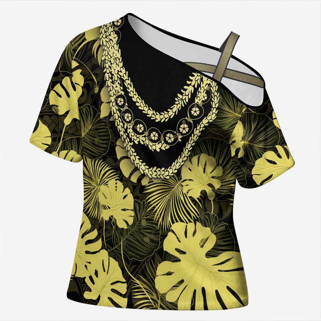 Yellow Hawaii Kukui Nut Lei Cross Shoulder Shirt Hawaiian Pattern Monstera Tropical Vibes - Polynesian Pride