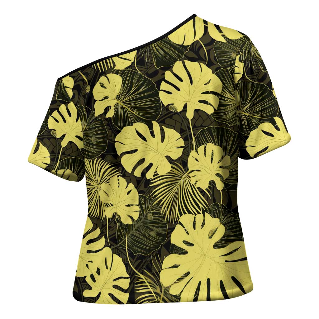 Yellow Hawaii Kukui Nut Lei Cross Shoulder Shirt Hawaiian Pattern Monstera Tropical Vibes - Polynesian Pride