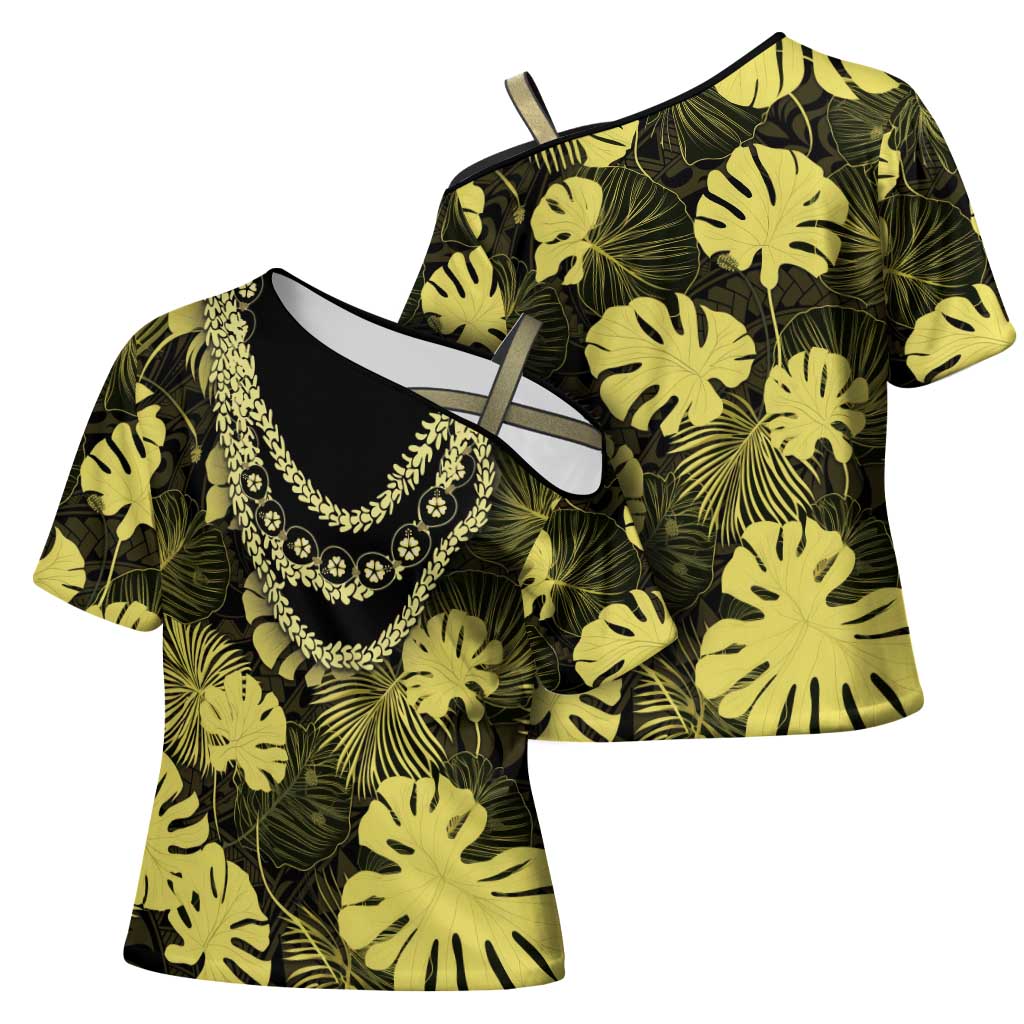 Yellow Hawaii Kukui Nut Lei Cross Shoulder Shirt Hawaiian Pattern Monstera Tropical Vibes - Polynesian Pride