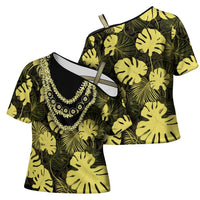 Yellow Hawaii Kukui Nut Lei Cross Shoulder Shirt Hawaiian Pattern Monstera Tropical Vibes - Polynesian Pride
