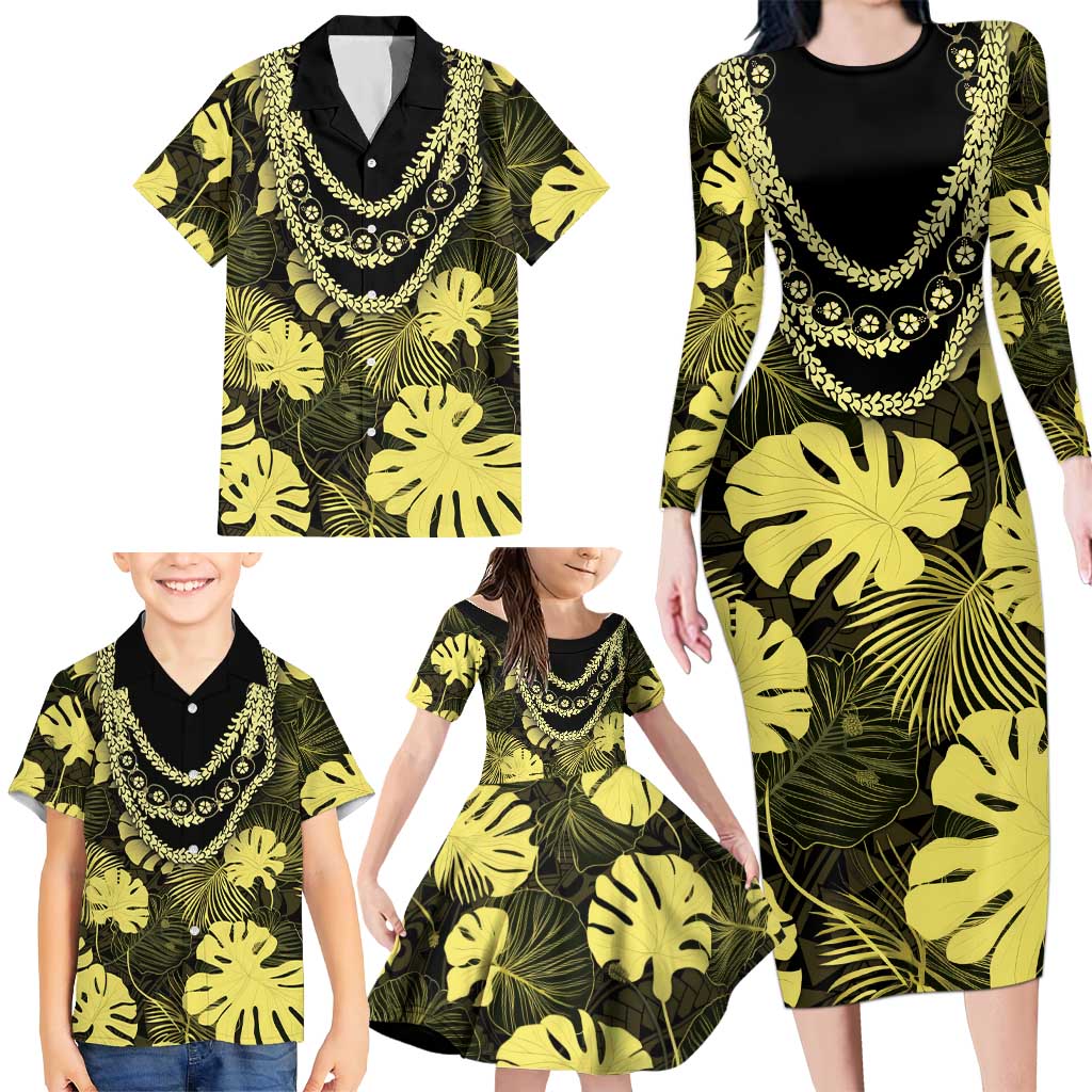 Yellow Hawaii Kukui Nut Lei Family Matching Long Sleeve Bodycon Dress and Hawaiian Shirt Hawaiian Pattern Monstera Tropical Vibes LT14 - Polynesian Pride