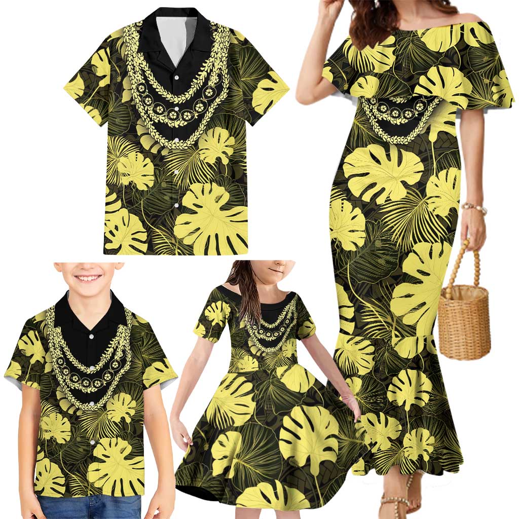 Yellow Hawaii Kukui Nut Lei Family Matching Mermaid Dress and Hawaiian Shirt Hawaiian Pattern Monstera Tropical Vibes - Polynesian Pride