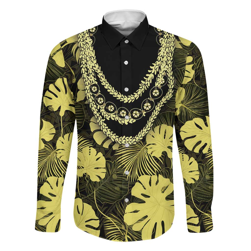 Yellow Hawaii Kukui Nut Lei Family Matching Off The Shoulder Long Sleeve Dress and Hawaiian Shirt Hawaiian Pattern Monstera Tropical Vibes LT14 Dad's Shirt - Long Sleeve Yellow - Polynesian Pride