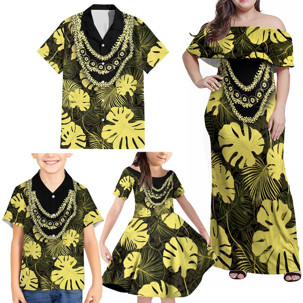 Yellow Hawaii Kukui Nut Lei Family Matching Off Shoulder Maxi Dress and Hawaiian Shirt Hawaiian Pattern Monstera Tropical Vibes LT14 - Polynesian Pride