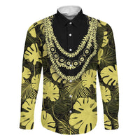 Yellow Hawaii Kukui Nut Lei Family Matching Off Shoulder Maxi Dress and Hawaiian Shirt Hawaiian Pattern Monstera Tropical Vibes LT14 Dad's Shirt - Long Sleeve Yellow - Polynesian Pride
