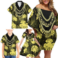 Yellow Hawaii Kukui Nut Lei Family Matching Off Shoulder Short Dress and Hawaiian Shirt Hawaiian Pattern Monstera Tropical Vibes LT14 - Polynesian Pride