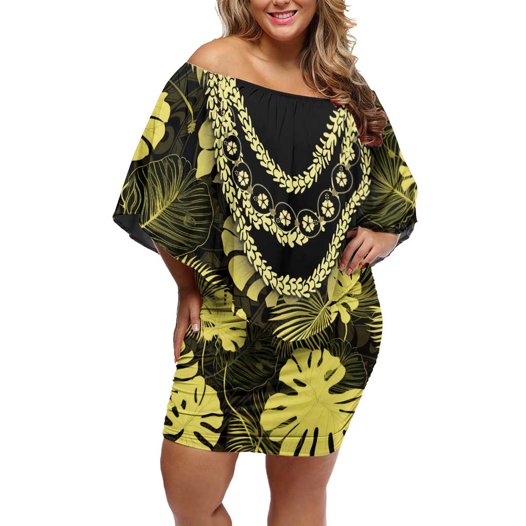 Yellow Hawaii Kukui Nut Lei Family Matching Off Shoulder Short Dress and Hawaiian Shirt Hawaiian Pattern Monstera Tropical Vibes LT14 Mom's Dress Yellow - Polynesian Pride