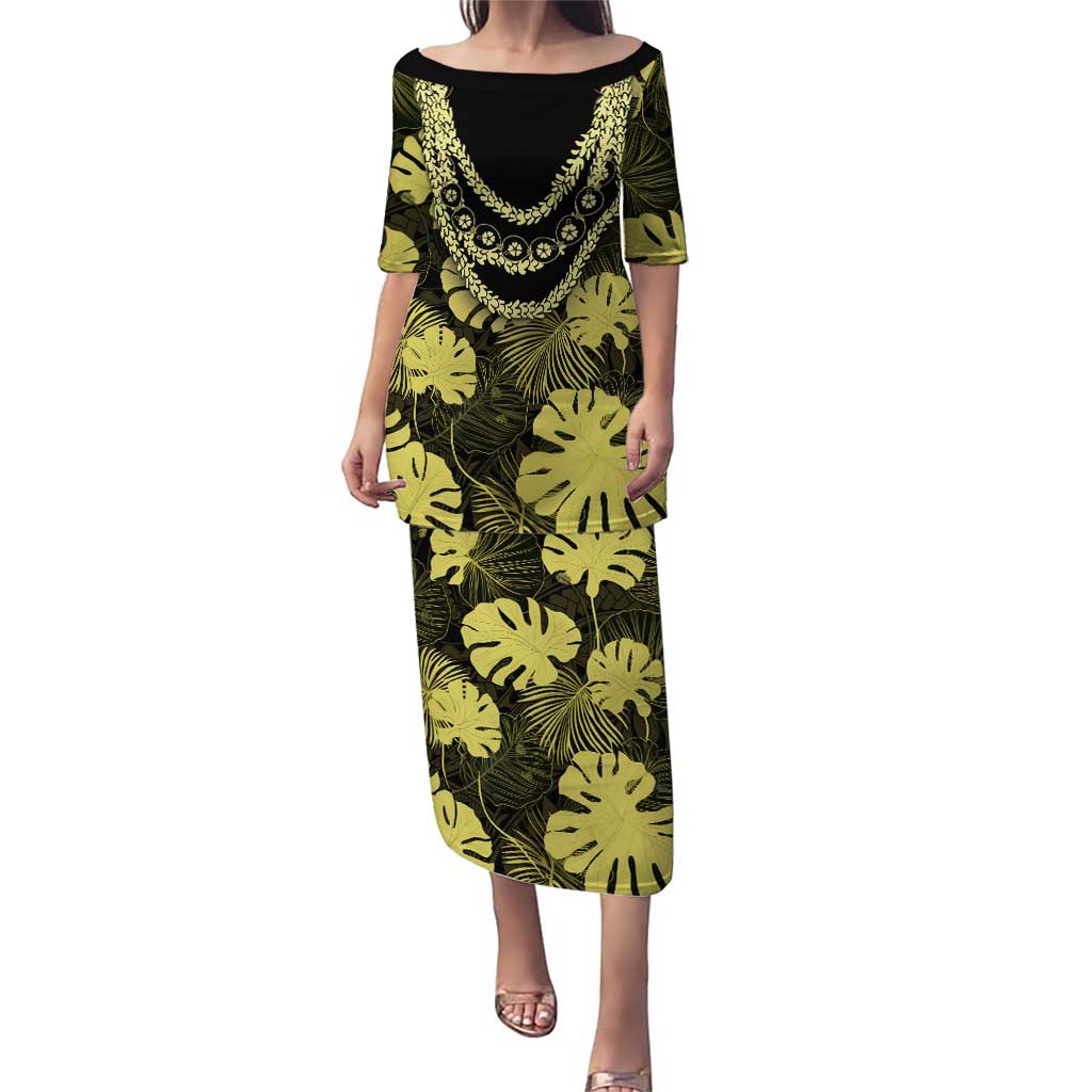 Yellow Hawaii Kukui Nut Lei Family Matching Puletasi and Hawaiian Shirt Hawaiian Pattern Monstera Tropical Vibes LT14 Mom's Dress Yellow - Polynesian Pride