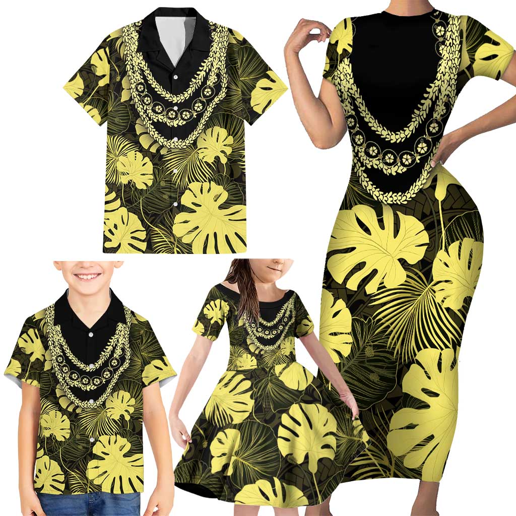 Yellow Hawaii Kukui Nut Lei Family Matching Short Sleeve Bodycon Dress and Hawaiian Shirt Hawaiian Pattern Monstera Tropical Vibes LT14 - Polynesian Pride