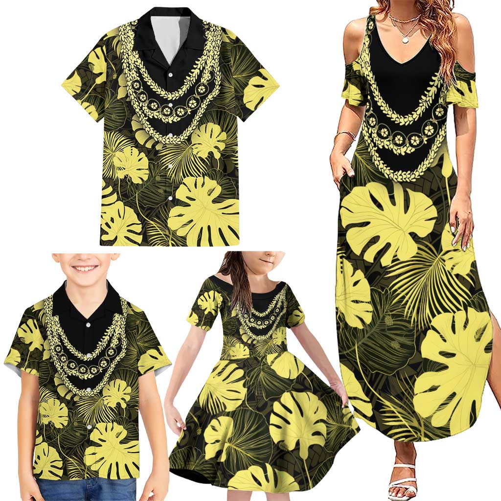 Yellow Hawaii Kukui Nut Lei Family Matching Summer Maxi Dress and Hawaiian Shirt Hawaiian Pattern Monstera Tropical Vibes LT14 - Polynesian Pride
