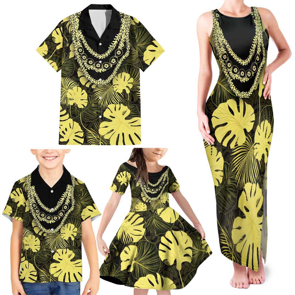 Yellow Hawaii Kukui Nut Lei Family Matching Tank Maxi Dress and Hawaiian Shirt Hawaiian Pattern Monstera Tropical Vibes LT14 - Polynesian Pride