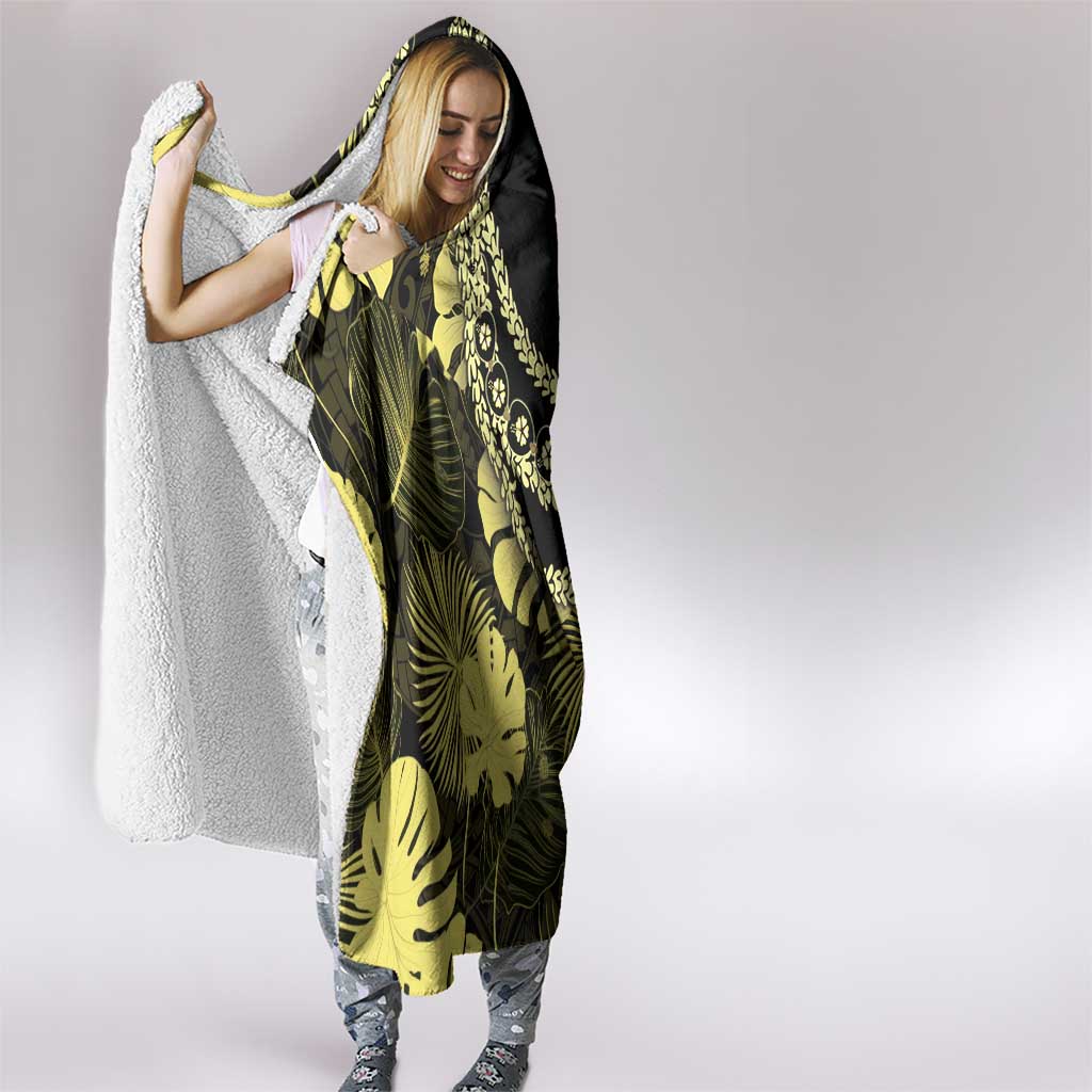 Yellow Hawaii Kukui Nut Lei Hooded Blanket Hawaiian Pattern Monstera Tropical Vibes - Polynesian Pride