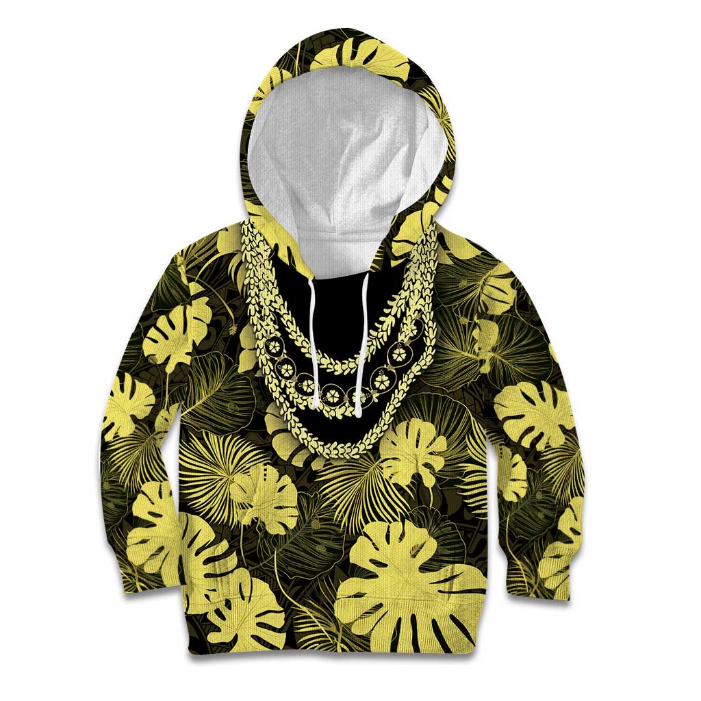 Yellow Hawaii Kukui Nut Lei Kid Hoodie Hawaiian Pattern Monstera Tropical Vibes - Polynesian Pride