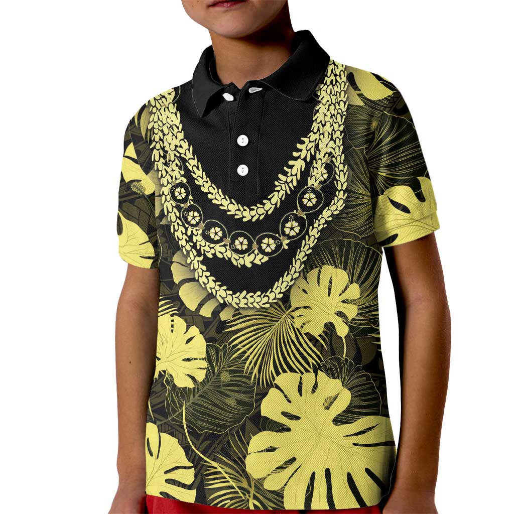 Yellow Hawaii Kukui Nut Lei Kid Polo Shirt Hawaiian Pattern Monstera Tropical Vibes - Polynesian Pride