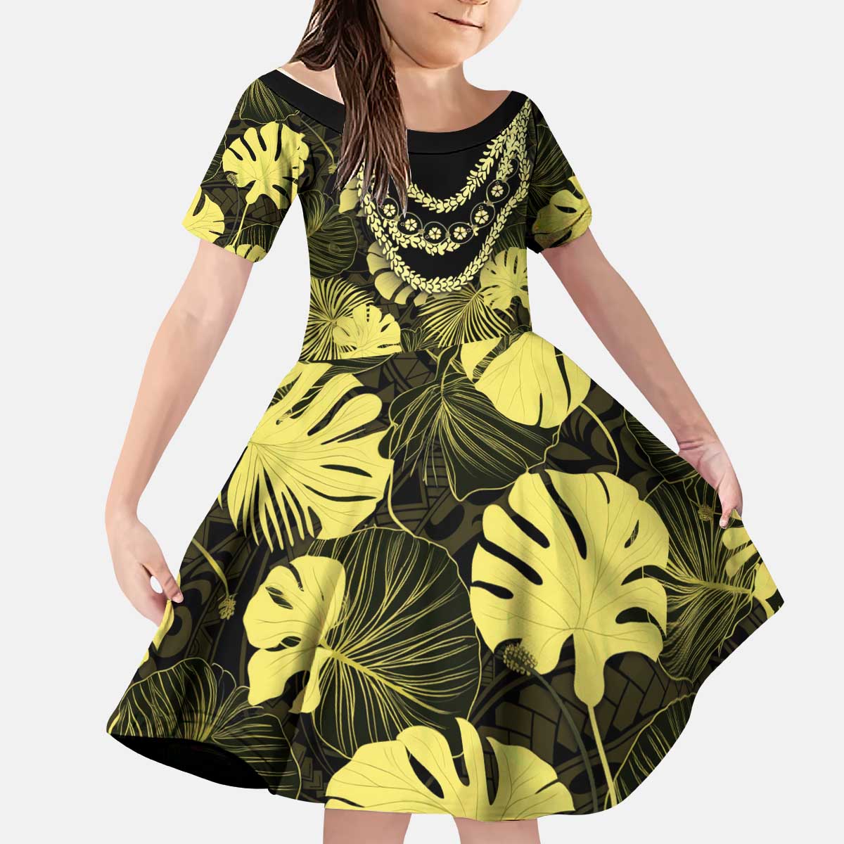 Yellow Hawaii Kukui Nut Lei Kid Short Sleeve Dress Hawaiian Pattern Monstera Tropical Vibes LT14 KID Yellow - Polynesian Pride