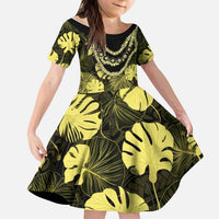 Yellow Hawaii Kukui Nut Lei Kid Short Sleeve Dress Hawaiian Pattern Monstera Tropical Vibes LT14 KID Yellow - Polynesian Pride
