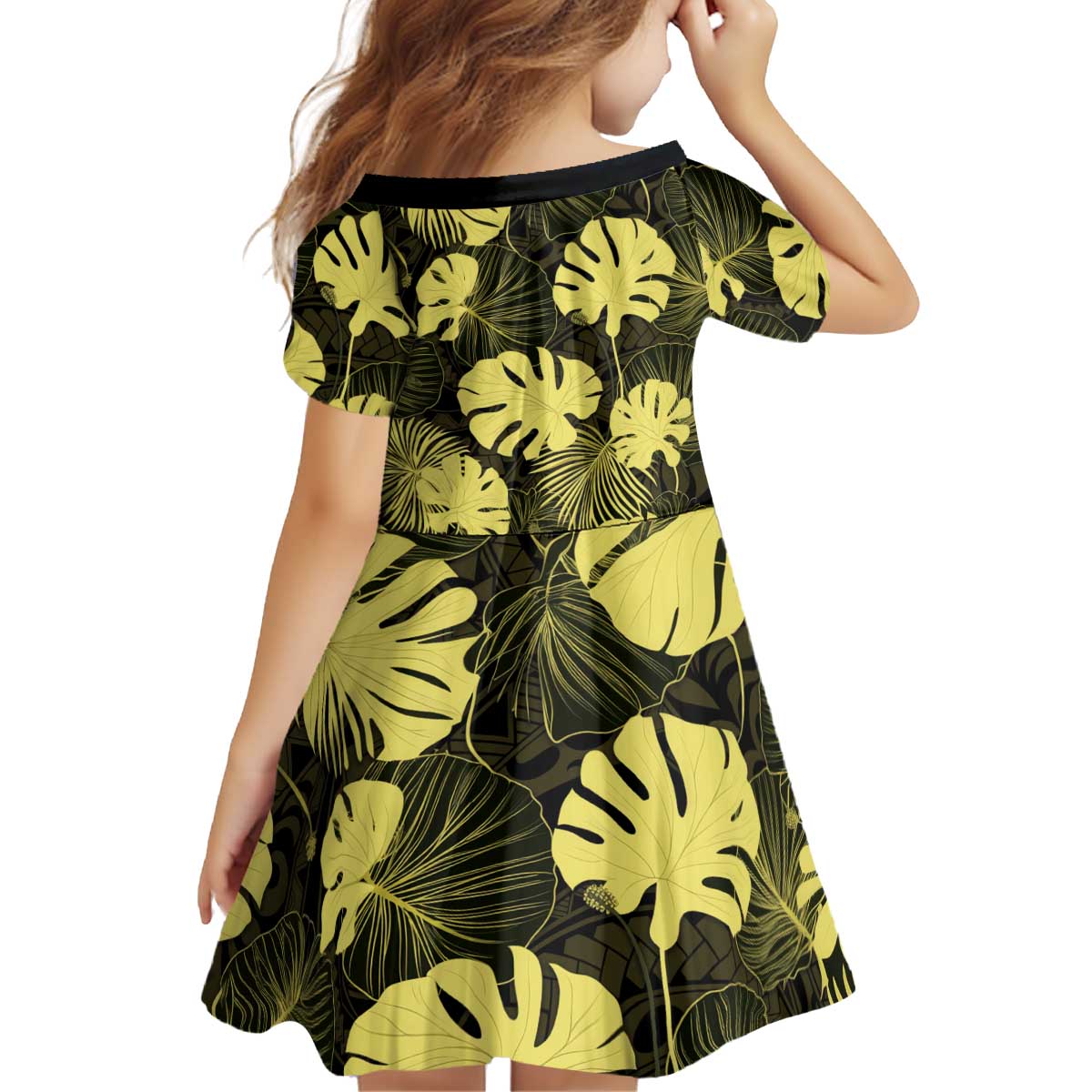 Yellow Hawaii Kukui Nut Lei Kid Short Sleeve Dress Hawaiian Pattern Monstera Tropical Vibes LT14 - Polynesian Pride