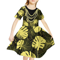 Yellow Hawaii Kukui Nut Lei Kid Short Sleeve Dress Hawaiian Pattern Monstera Tropical Vibes LT14 - Polynesian Pride