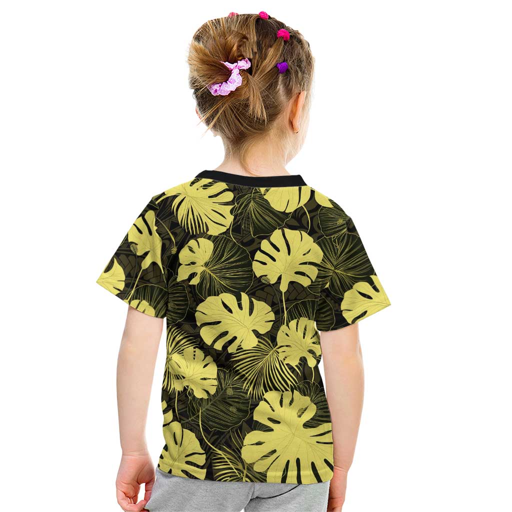Yellow Hawaii Kukui Nut Lei Kid T Shirt Hawaiian Pattern Monstera Tropical Vibes - Polynesian Pride