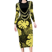 Yellow Hawaii Kukui Nut Lei Long Sleeve Bodycon Dress Hawaiian Pattern Monstera Tropical Vibes - Polynesian Pride