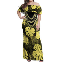 Yellow Hawaii Kukui Nut Lei Off Shoulder Maxi Dress Hawaiian Pattern Monstera Tropical Vibes LT14 Women Yellow - Polynesian Pride