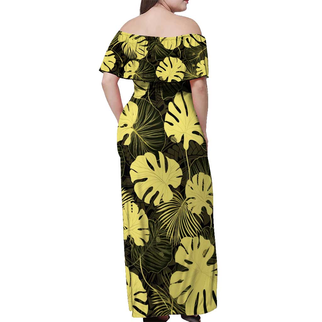 Yellow Hawaii Kukui Nut Lei Off Shoulder Maxi Dress Hawaiian Pattern Monstera Tropical Vibes LT14 - Polynesian Pride