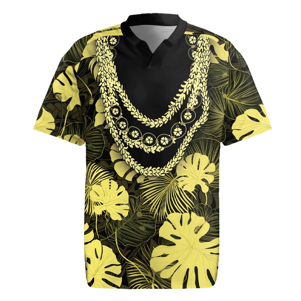 Yellow Hawaii Kukui Nut Lei Rugby Jersey Hawaiian Pattern Monstera Tropical Vibes - Polynesian Pride