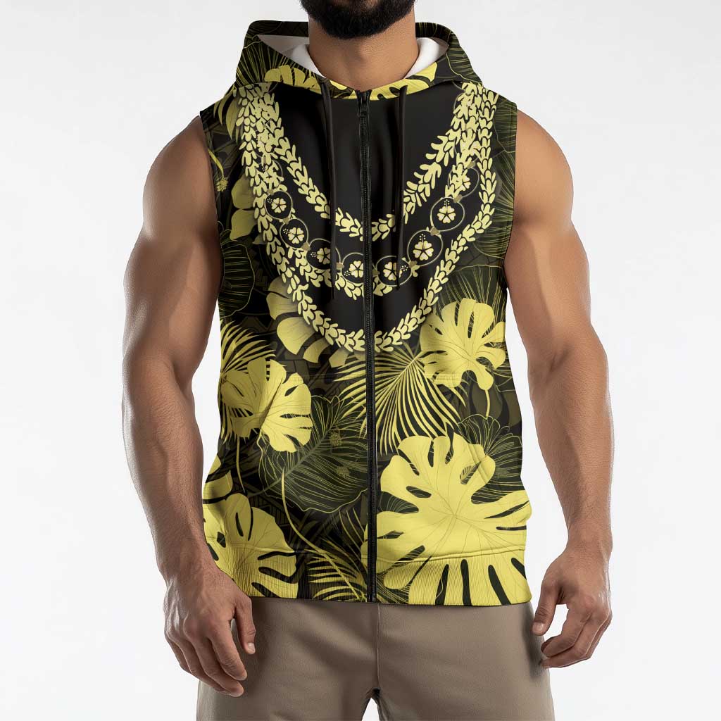 Yellow Hawaii Kukui Nut Lei Sleeveless Zip Hoodie Hawaiian Pattern Monstera Tropical Vibes - Polynesian Pride