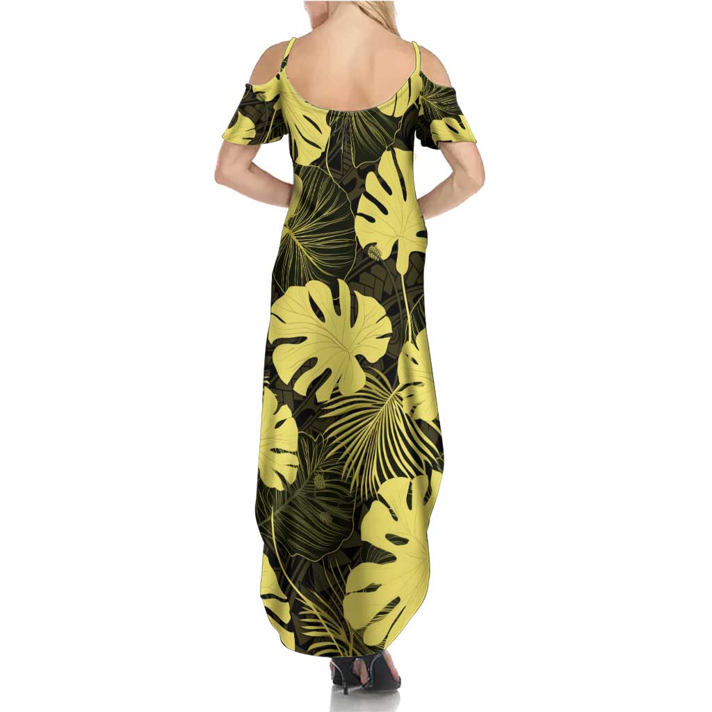 Yellow Hawaii Kukui Nut Lei Summer Maxi Dress Hawaiian Pattern Monstera Tropical Vibes - Polynesian Pride