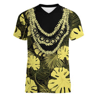 Yellow Hawaii Kukui Nut Lei Women V-Neck T-Shirt Hawaiian Pattern Monstera Tropical Vibes - Polynesian Pride