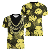 Yellow Hawaii Kukui Nut Lei Women V-Neck T-Shirt Hawaiian Pattern Monstera Tropical Vibes - Polynesian Pride