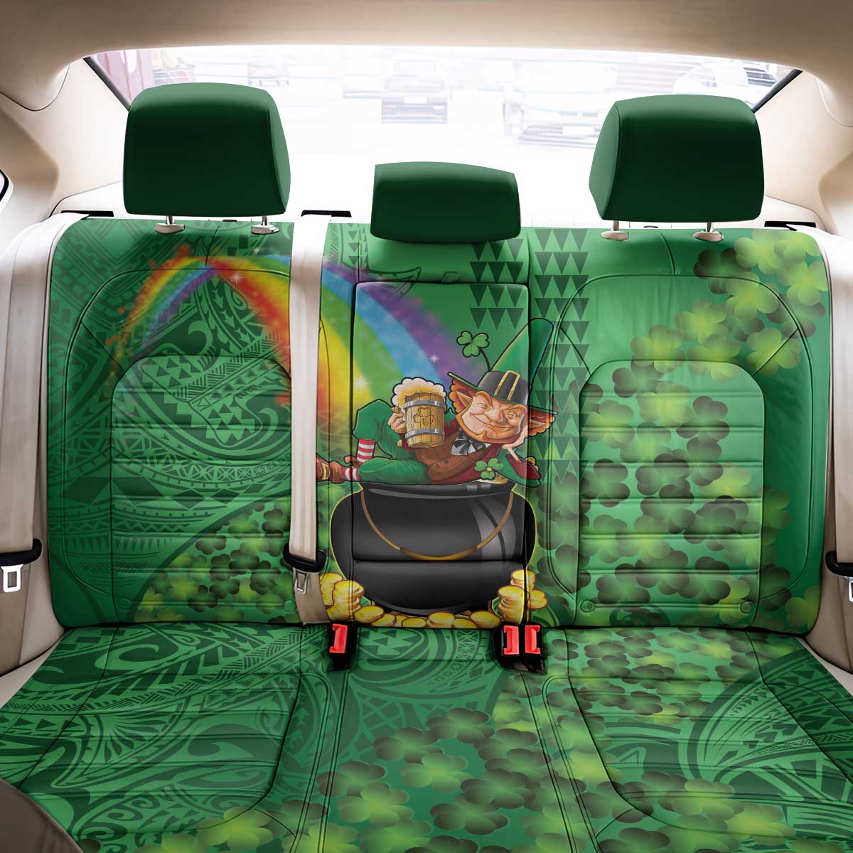 Hawaii Saint Patrick's Day Back Car Seat Cover Funny Leprechaun With Pot Of Gold - Polynesian Tattoo LT14 - Polynesian Pride