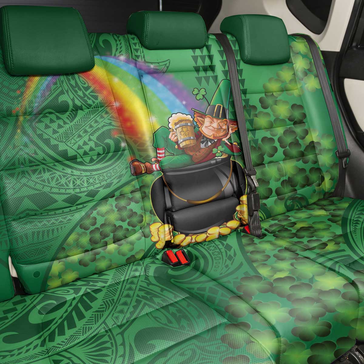 Hawaii Saint Patrick's Day Back Car Seat Cover Funny Leprechaun With Pot Of Gold - Polynesian Tattoo LT14 - Polynesian Pride