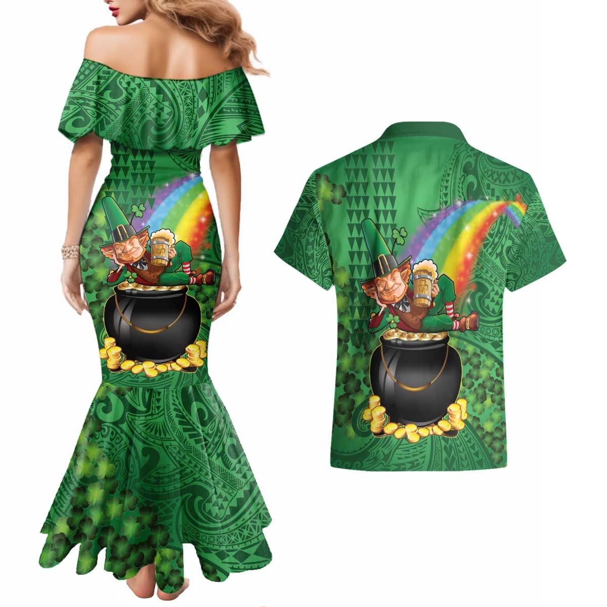 Hawaii Saint Patrick's Day Couples Matching Mermaid Dress and Hawaiian Shirt Funny Leprechaun With Pot Of Gold - Polynesian Tattoo LT14 - Polynesian Pride
