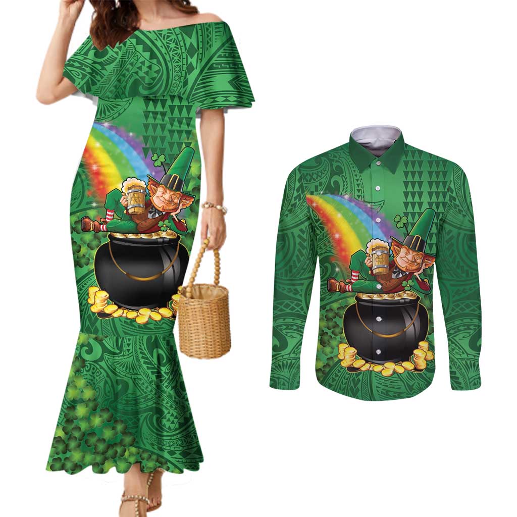 Hawaii Saint Patrick's Day Couples Matching Mermaid Dress and Long Sleeve Button Shirt Funny Leprechaun With Pot Of Gold - Polynesian Tattoo LT14 Green - Polynesian Pride
