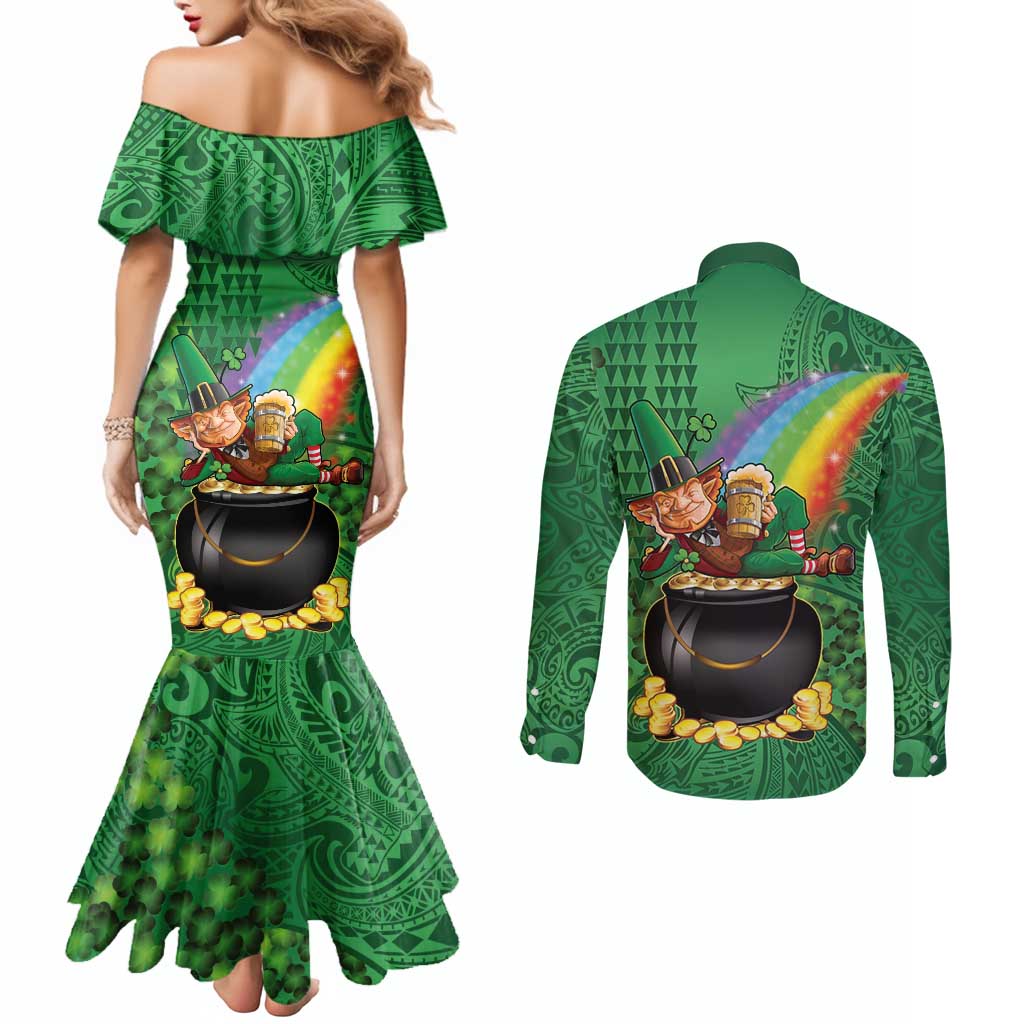 Hawaii Saint Patrick's Day Couples Matching Mermaid Dress and Long Sleeve Button Shirt Funny Leprechaun With Pot Of Gold - Polynesian Tattoo LT14 - Polynesian Pride